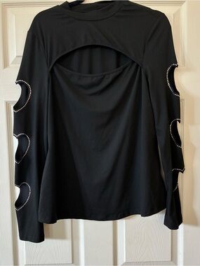 Black Long-Sleeve Cutout Top with Studded Heart Sleeve Accents